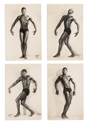 (FÉRAL BENGA) A suite of 4 real photo postcards of the iconic figure François Féral Benga.